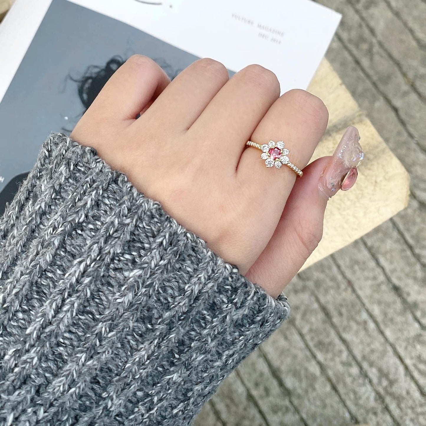 Red Flower Ring 925 Sterling Silver Gold Natural Gemstone Flower