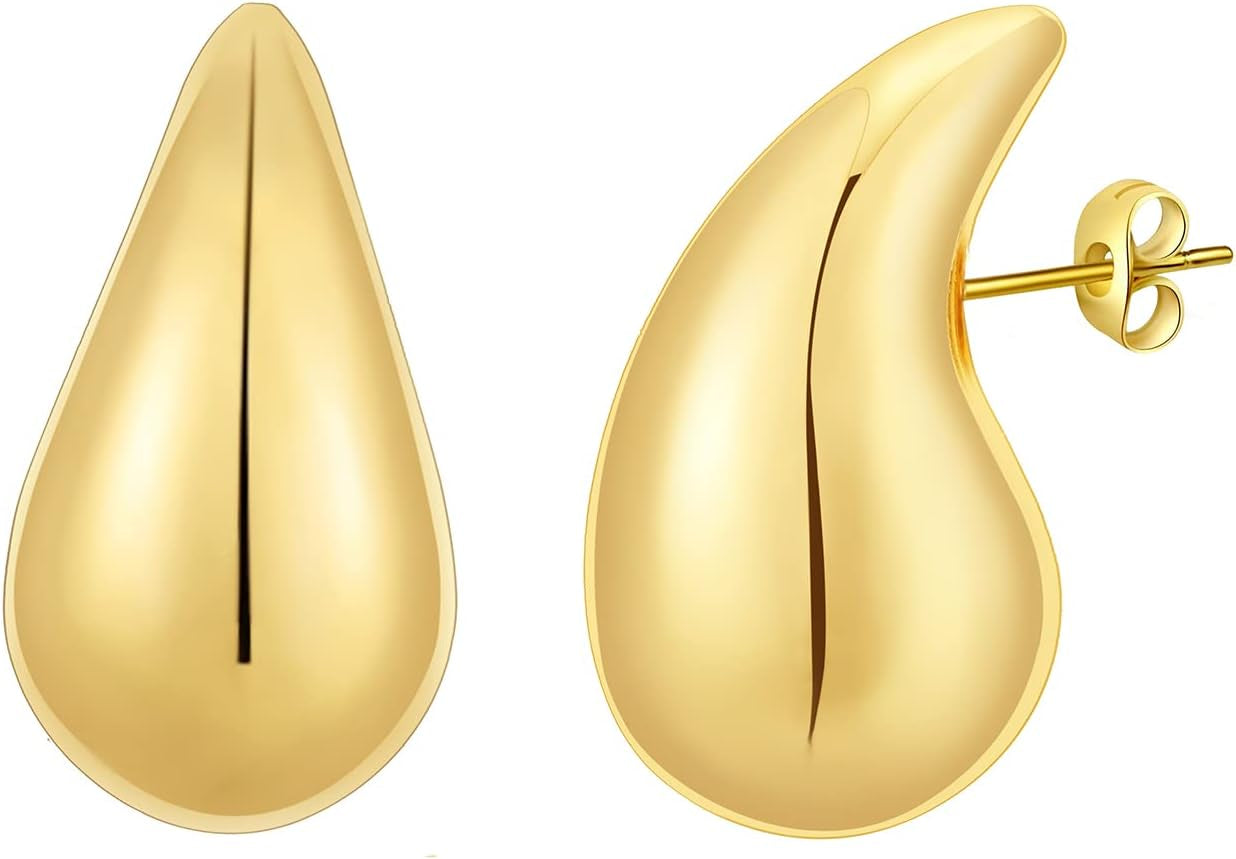 Chunky Gold Hoop Earrings for Women, Dupes Earrings Lightweight Waterdrop Hollow Open Hoops, Hypoallergenic Gold Plated Earrings Fashion Jewelry