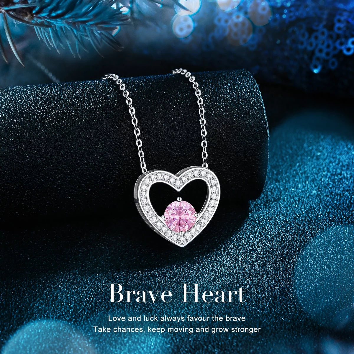 Pink Brave Heart 925 Silver Necklaces with Birthstone 