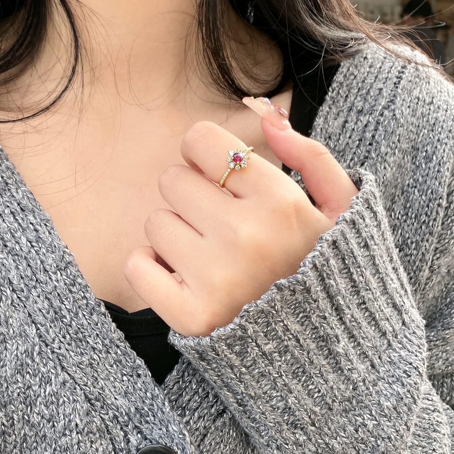 Red Flower Ring 925 Sterling Silver Gold Natural Gemstone Flower